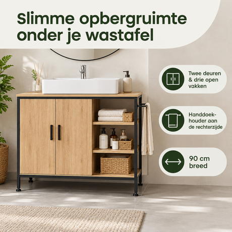 Licht eiken en zwart wastafelonderkast van 90 cm met 2 deuren, 3 open vakken en handdoekhouder, van BukkitBow.