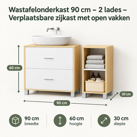 BukkitBow wastafelonderkast 90 cm met 2 lades en verplaatsbare zijkast met open vakken, geschikt voor badkamer of toilet.