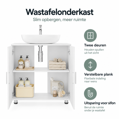 Wit BukkitBow wastafelonderkast van 60x60x30 cm met twee deuren, geschikt voor badkameropslag.