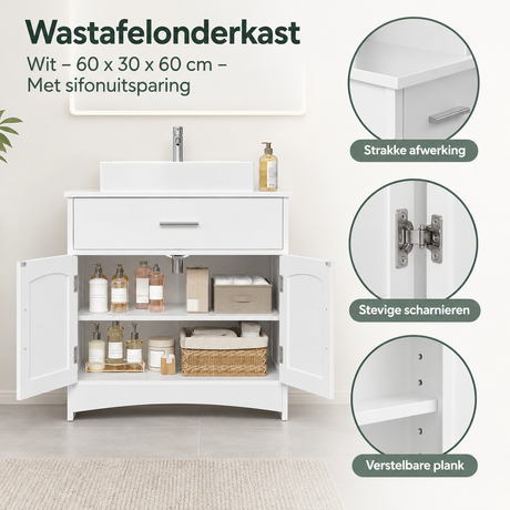 Wastafelonderkast van BukkitBow in wit, 60x30x60 cm met sifonuitsparing en houten uitstraling.