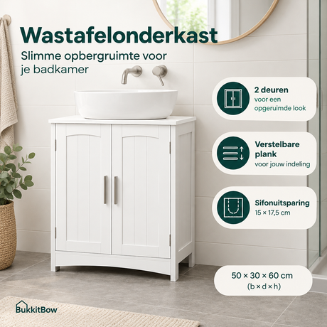 Wastafelonderkast van BukkitBow, wit met 2 deuren en verstelbare plank, afmeting 50x30x60 cm, ideaal voor badkameropbergruimte