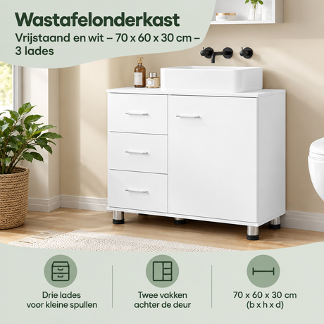 Wastafelonderkast van BukkitBow, vrijstaand en wit, 70x60x30 cm, met drie lades voor praktische opbergruimte.