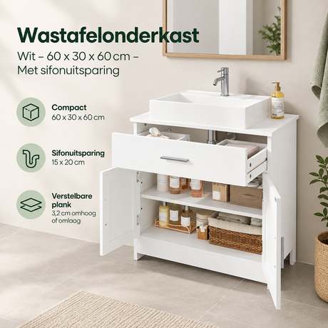 Wastafelonderkast in wit van BukkitBow, 60x30x60 cm met sifonuitsparing voor praktische badkameropslag.