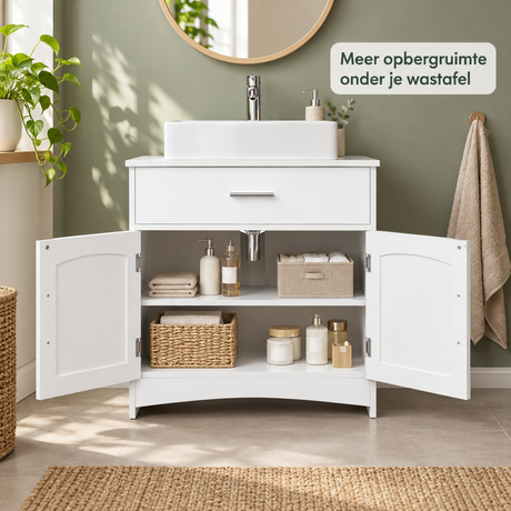 Wastafelonderkast van BukkitBow in wit, 60x30x60 cm met sifonuitsparing, geplaatst onder een wastafel in een badkamer.