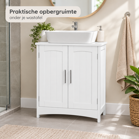Wit BukkitBow wastafelonderkast met 2 deuren en verstelbare plank, 50x30x60 cm, geschikt voor badkamergebruik