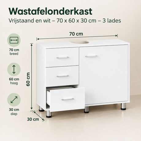 Wastafelonderkast van BukkitBow, wit, vrijstaand, 70x60x30 cm, met drie lades, geschikt voor badkamer of toilet.