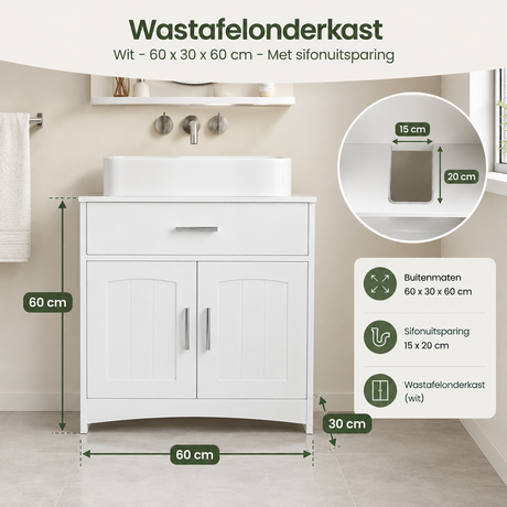Wastafelonderkast BukkitBow in wit, 60x30x60 cm met sifonuitsparing, geschikt voor badkameropslag, in de afbeelding met specificaties.