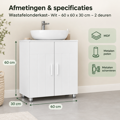Wastafelonderkast van BukkitBow in wit, 60x60x30 cm met 2 deuren, geschikt voor badkameropslag.