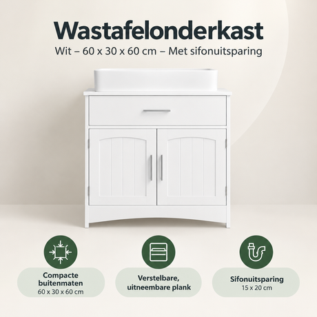 Wastafelonderkast Wit van BukkitBow, 60x30x60 cm met sifonuitsparing, overzicht van kernvoordelen op afbeelding.