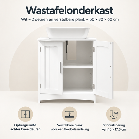 Wastafelonderkast in wit van BukkitBow met 2 deuren en verstelbare plank, afmetingen 50x30x60 cm, voor badkameropbergruimte
