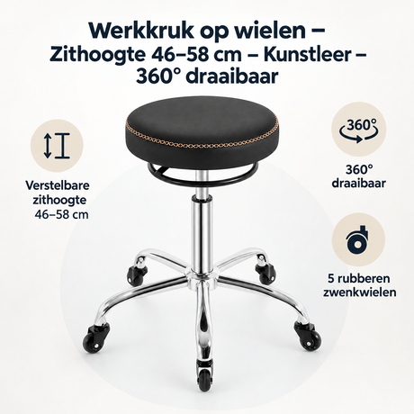 Overzicht van werkkruk op wielen met de belangrijkste productvoordelen