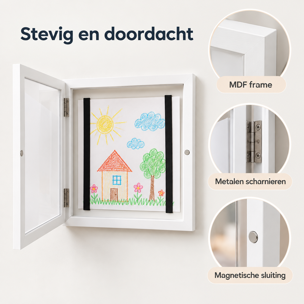 Detail van materiaal en afwerking van wissellijst kindertekeningen A4