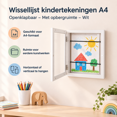 Witte wissellijst voor kindertekeningen in A4-formaat, openklapbaar met opbergruimte, van BukkitBow.