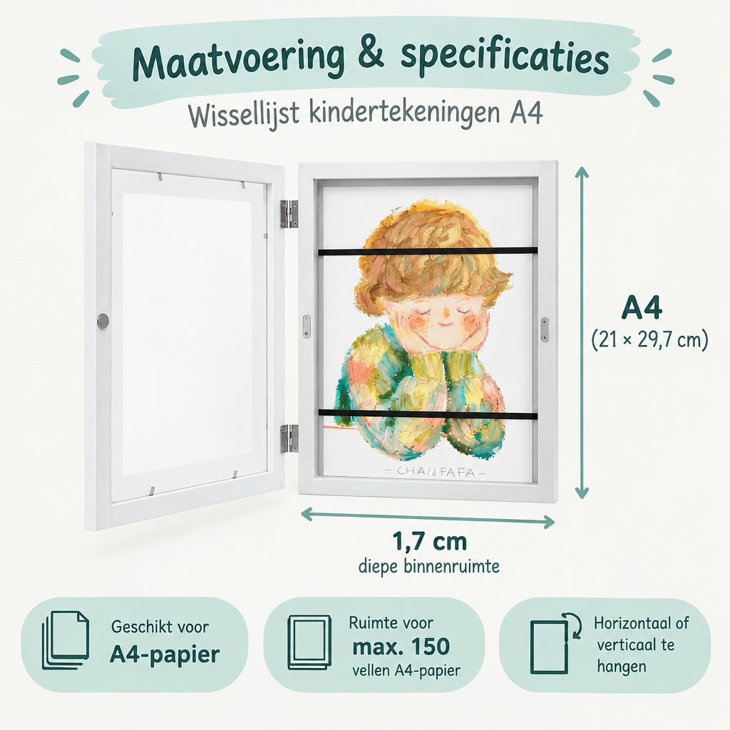 Afmetingen en productspecificaties van wissellijst kindertekeningen A4