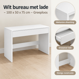 Detail van materiaal en afwerking van wit bureau met lade