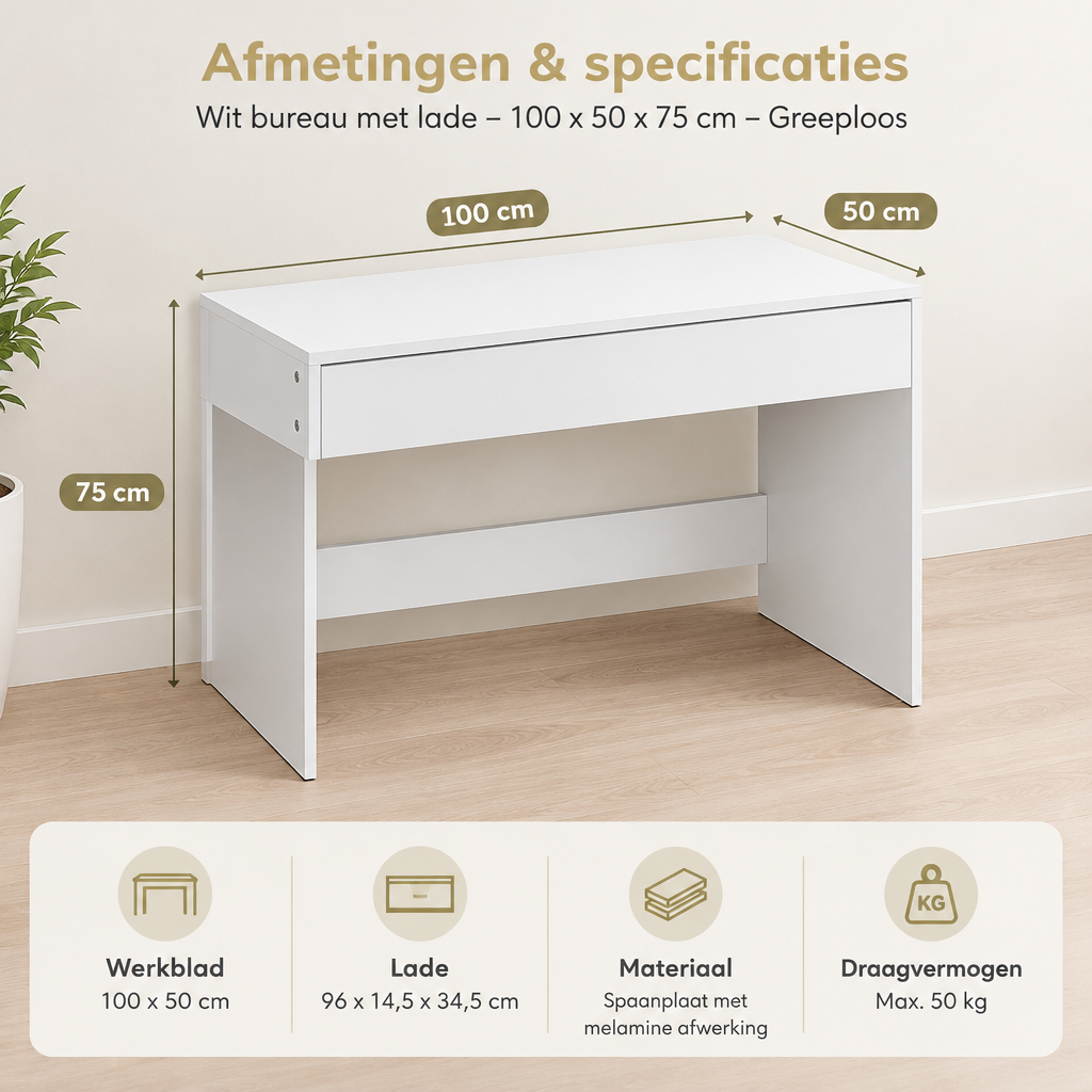 Afmetingen en productspecificaties van wit bureau met lade