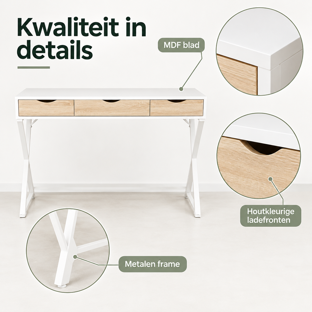Detail van materiaal en afwerking van wit bureau met lades