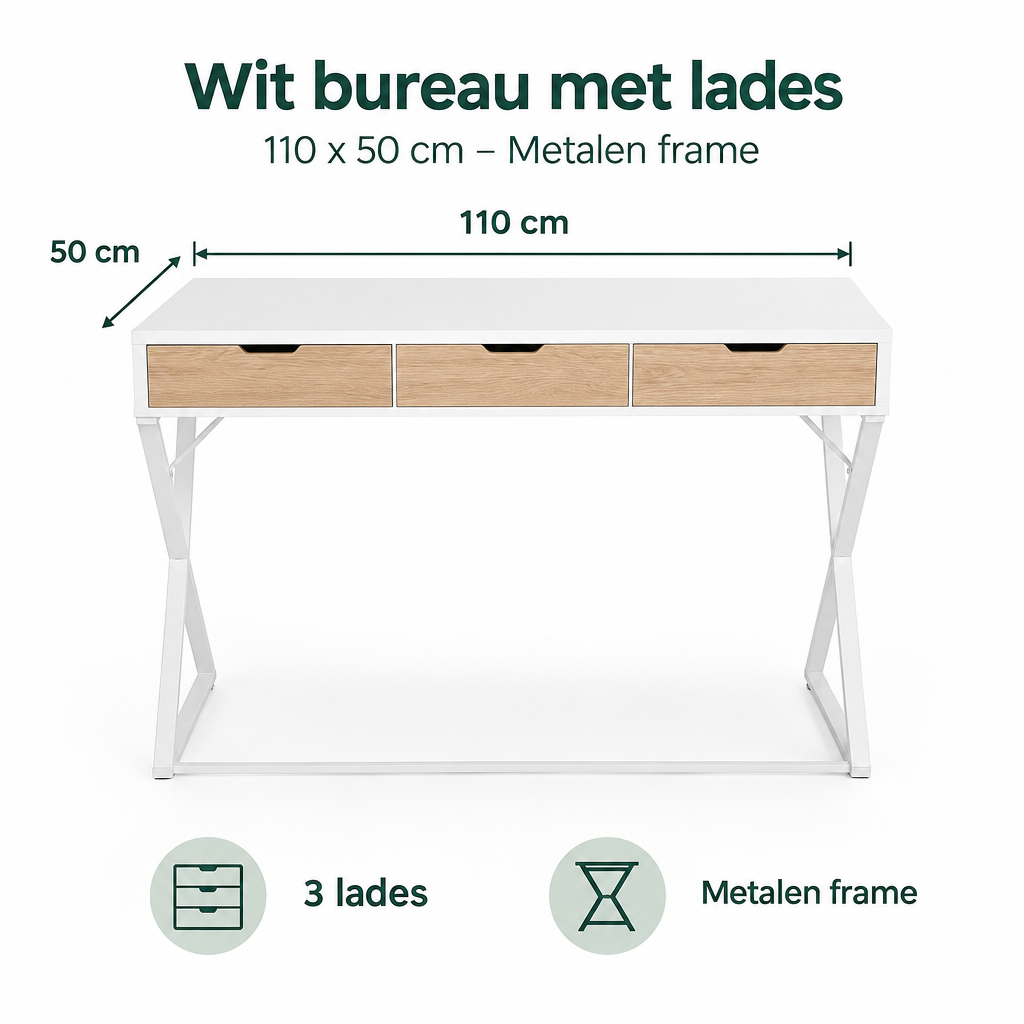 Afmetingen en productspecificaties van wit bureau met lades