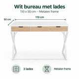 Afmetingen en productspecificaties van wit bureau met lades