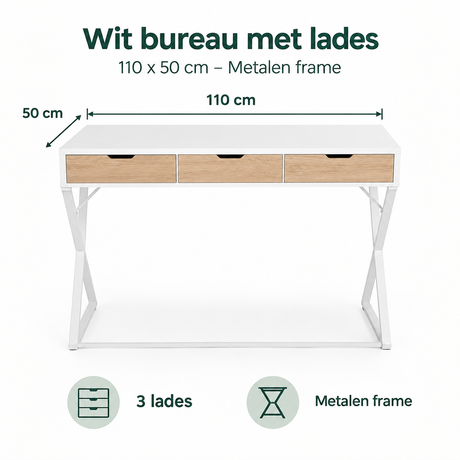 Afmetingen en productspecificaties van wit bureau met lades
