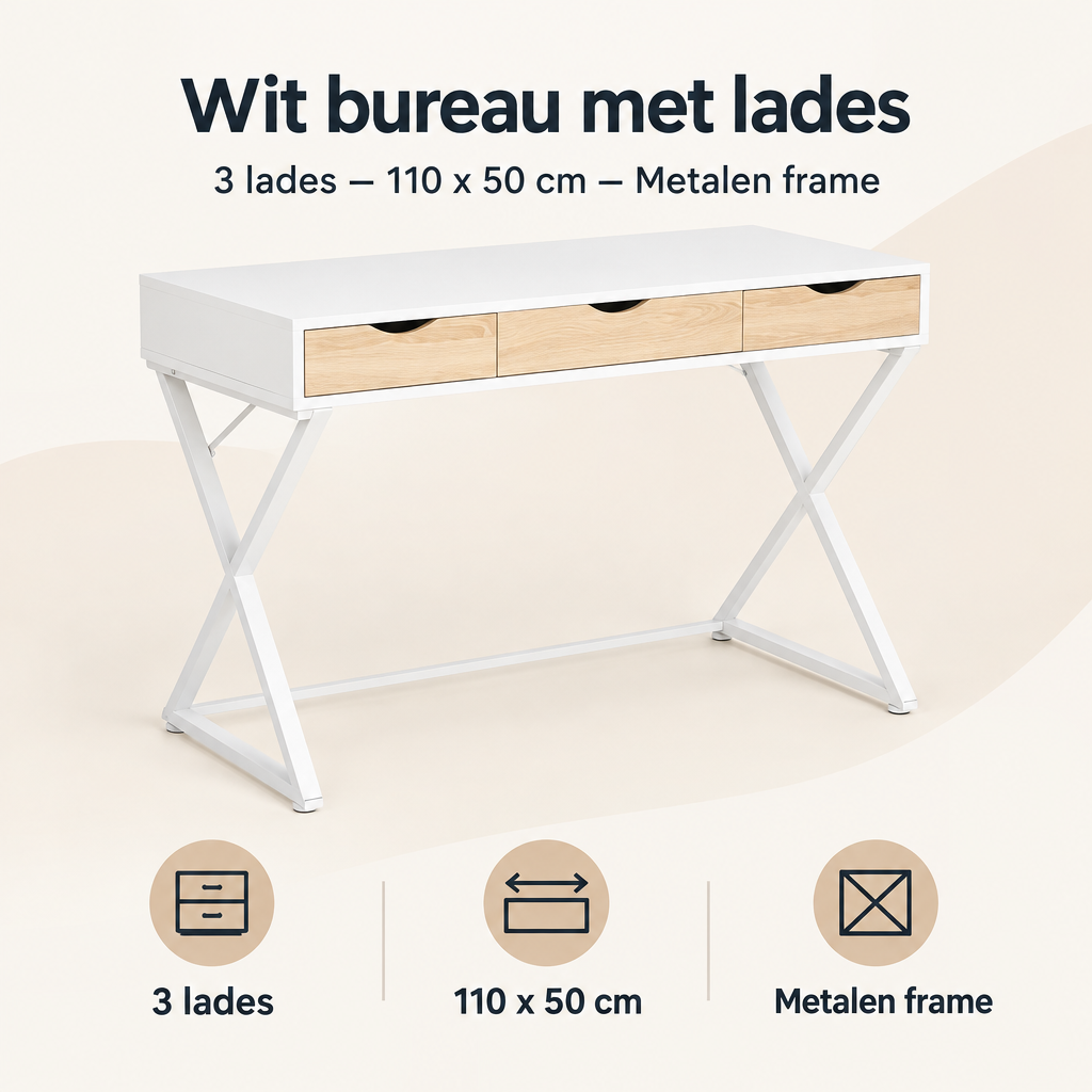 Overzicht van wit bureau met lades met de belangrijkste productvoordelen