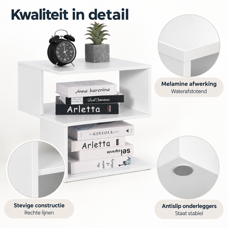 Detail van materiaal en afwerking van wit nachtkastje