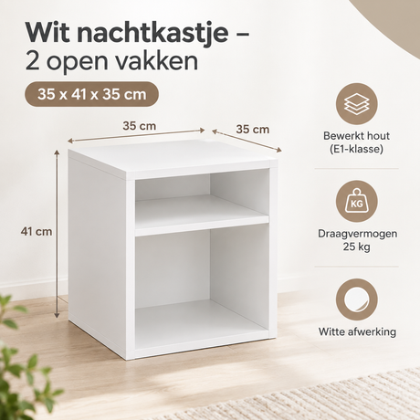 Wit nachtkastje van BukkitBow met 2 open vakken, afmetingen 35x41x35 cm, modern meubel voor slaapkamer.