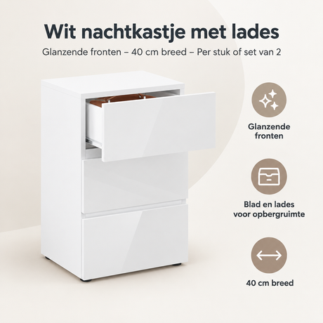 Wit nachtkastje met lades van BukkitBow, glanzende fronten, 40 cm breed, overzicht van kernvoordelen, set van 2 of los.