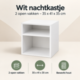 Overzicht van wit nachtkastje met de belangrijkste productvoordelen