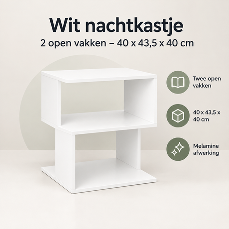 Overzicht van wit nachtkastje met de belangrijkste productvoordelen