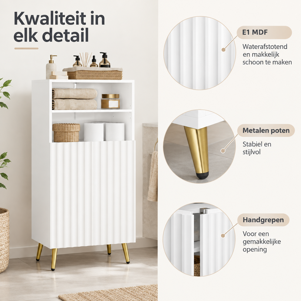 Detail van materiaal en afwerking van witte badkamerkast
