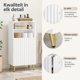 Detail van materiaal en afwerking van witte badkamerkast