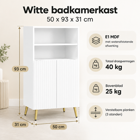 Witte badkamerkast van BukkitBow met open vakken en deuren, vrijstaand, afmetingen 50x93x31 cm, modern en praktisch design