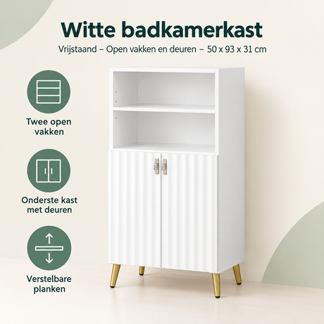 Witte badkamerkast van BukkitBow met open vakken en deuren, vrijstaand, afmetingen 50x93x31 cm, geschikt voor moderne badkamers