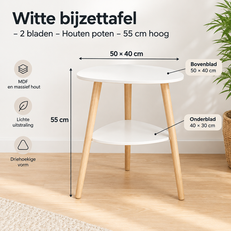 Witte BukkitBow bijzettafel met 2 bladen en houten poten, hoogte 55 cm, geschikt voor woonkamer of slaapkamer.