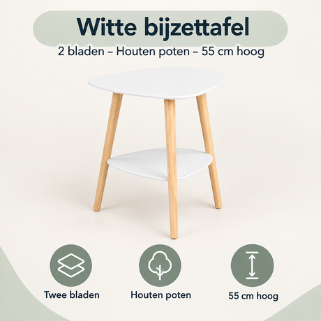 Witte bijzettafel met twee bladen en houten poten, hoogte 55 cm, van BukkitBow, overzicht van kernvoordelen