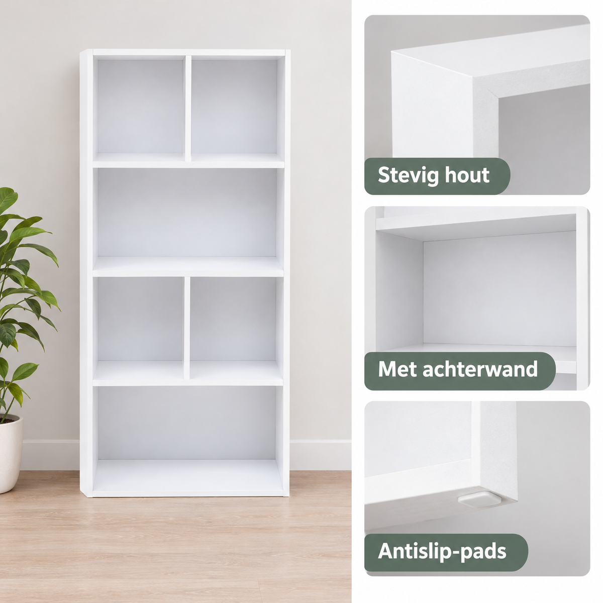 Detail van materiaal en afwerking van witte boekenkast