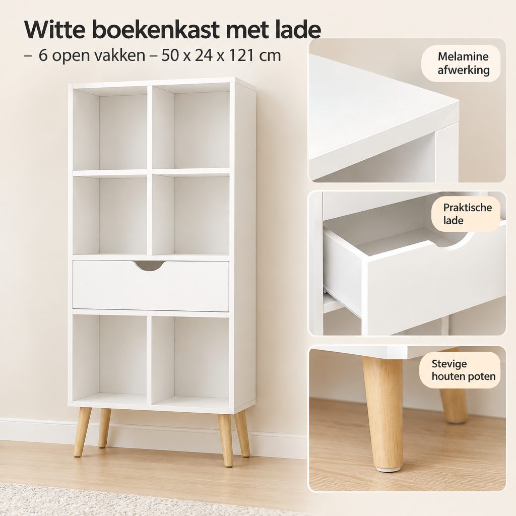 Detail van materiaal en afwerking van witte boekenkast met lade