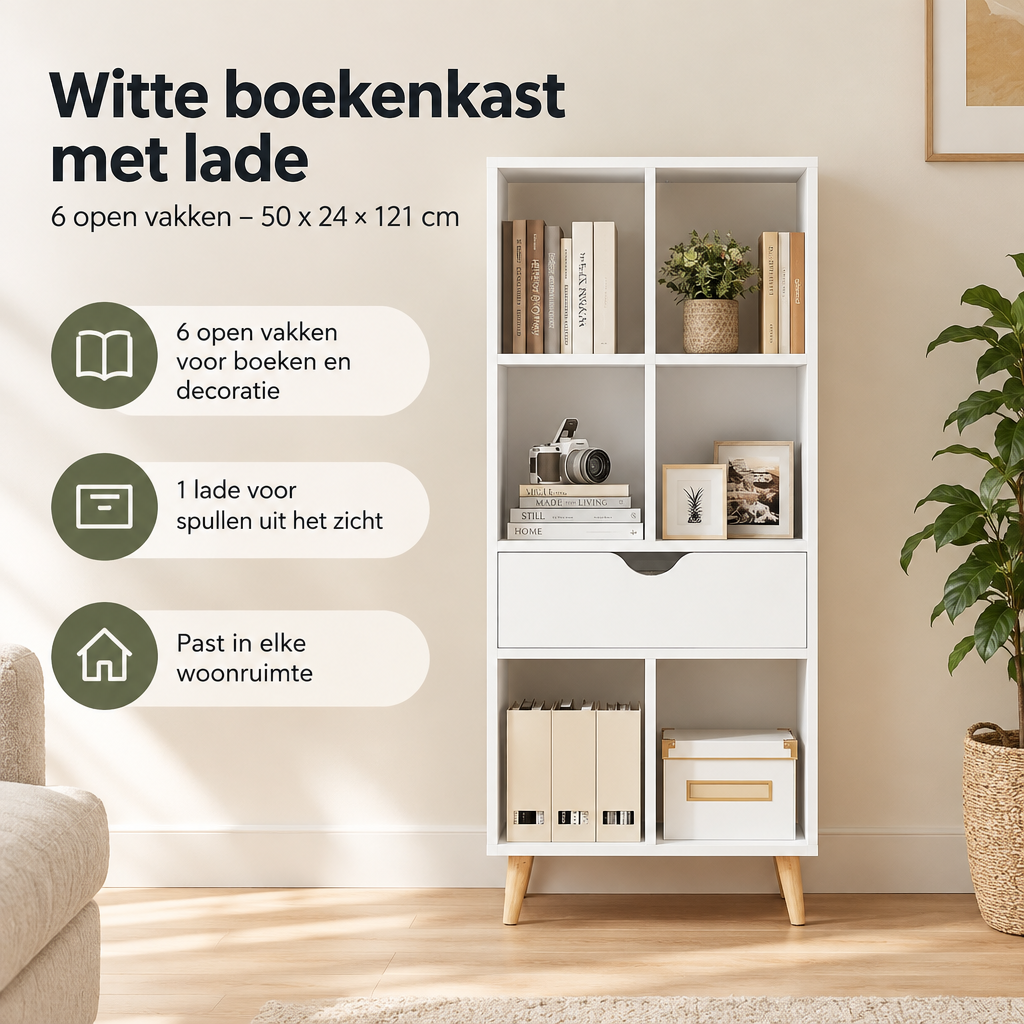 Praktische toepassing en keuzehulp voor witte boekenkast met lade