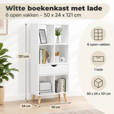 Afmetingen en productspecificaties van witte boekenkast met lade