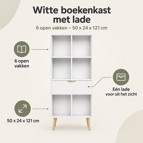 Witte BukkitBow boekenkast met lade en zes open vakken, afmetingen 50x24x121 cm, modern en functioneel design.