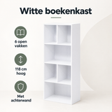 Overzicht van witte boekenkast met de belangrijkste productvoordelen