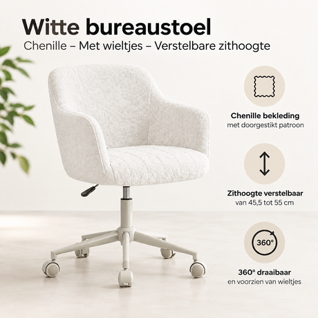 Witte BukkitBow bureaustoel met chenille bekleding, wieltjes en verstelbare zithoogte voor comfortabel werken