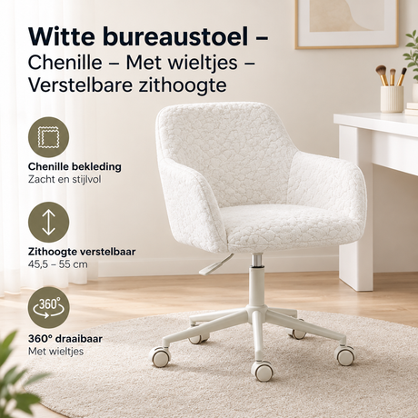 Witte BukkitBow bureaustoel van chenille met wieltjes en verstelbare zithoogte, geschikt voor comfortabel werken.