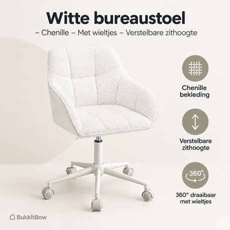 Witte BukkitBow bureaustoel van chenille met wieltjes en verstelbare zithoogte, comfortabel en geschikt voor kantoorgebruik