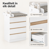 Witte BukkitBow commode met vier laden en afneembaar verschoonopzetstuk, close-up van het materiaal en details