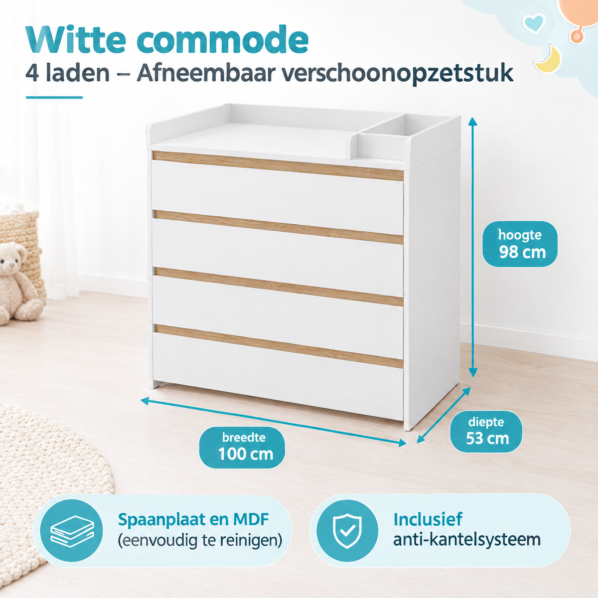 Witte commode van BukkitBow met vier laden en afneembaar verschoonopzetstuk, duidelijke maatvoering en specificaties.
