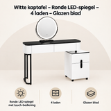 Overzicht van witte kaptafel met LED-spiegel met de belangrijkste productvoordelen
