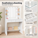Detail van materiaal en afwerking van witte kaptafel met verlichting