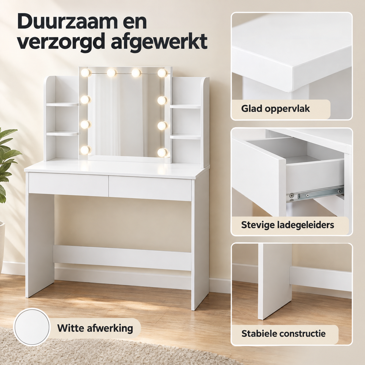 Detail van materiaal en afwerking van witte kaptafel met verlichting